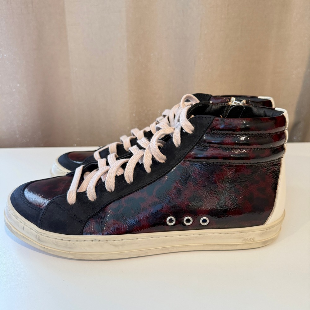 P448 Skate Burgundy Leopard Patent Leather High Top Sneakers Mens 38 Black Suede
